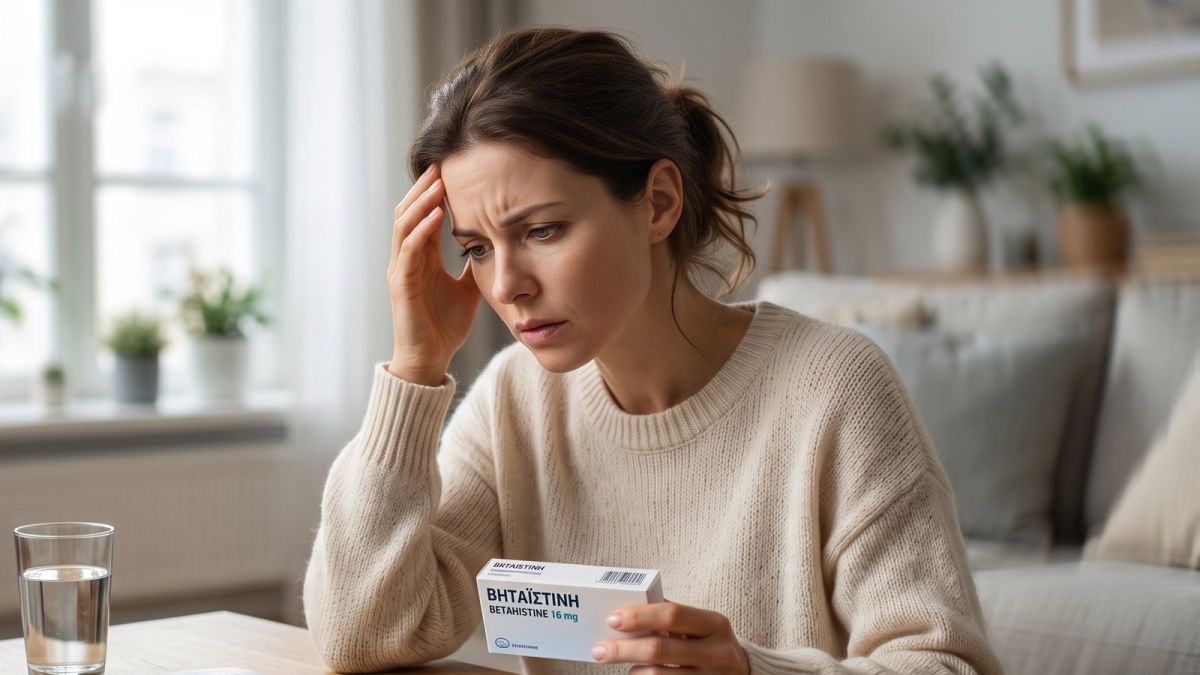 Γυναίκα με ζάλη κοιτάζει προβληματισμένη ένα κουτί βηταϊστίνης, με ένα ποτήρι νερό δίπλα της